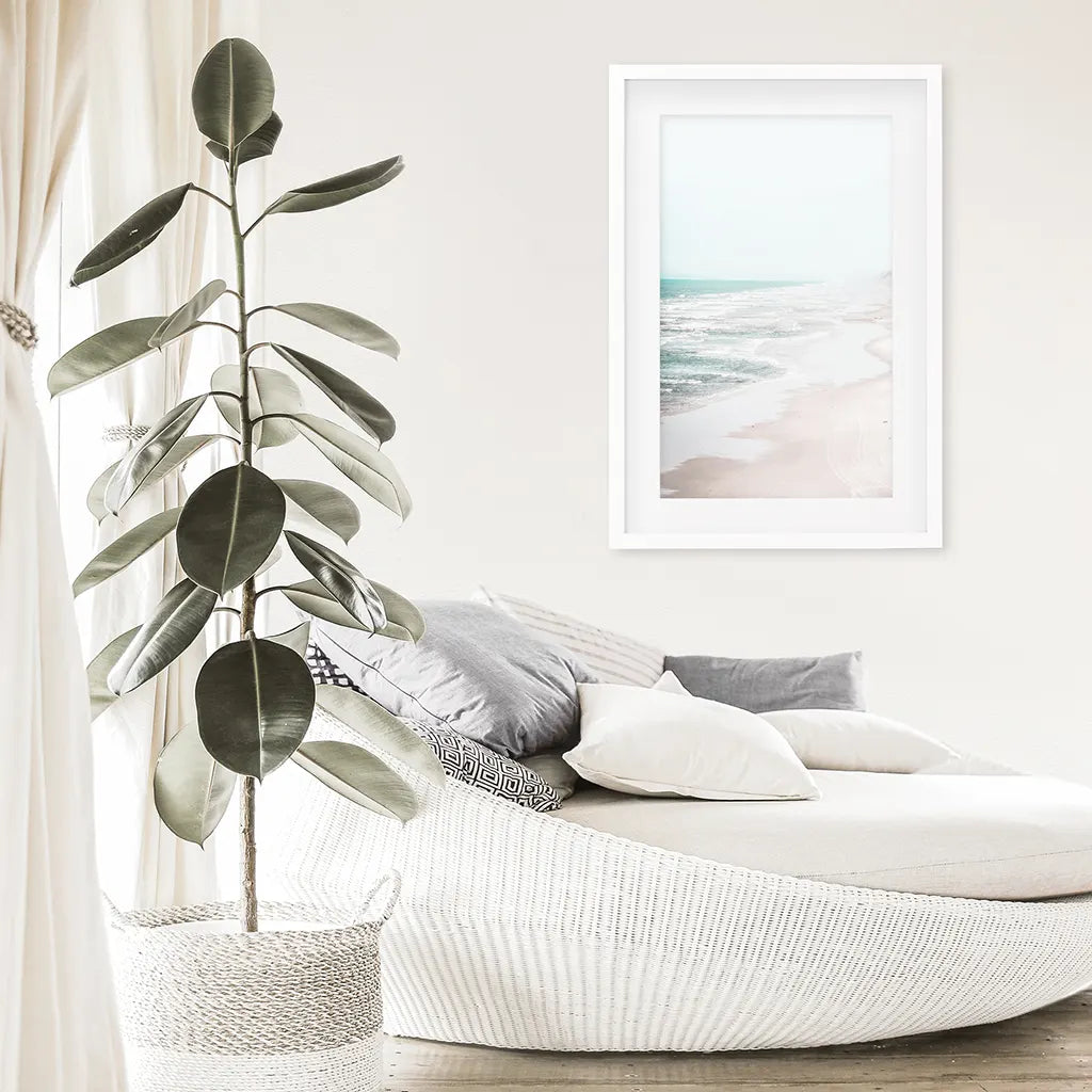 Coastal Beach Wall Art Print. Ocean Waves. White Frame with Mat