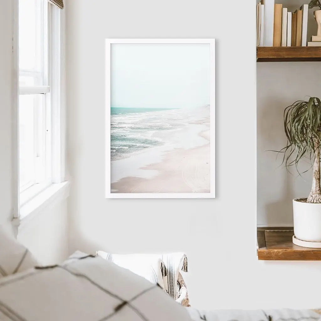 Coastal Beach Wall Art Print. Ocean Waves. White Frame