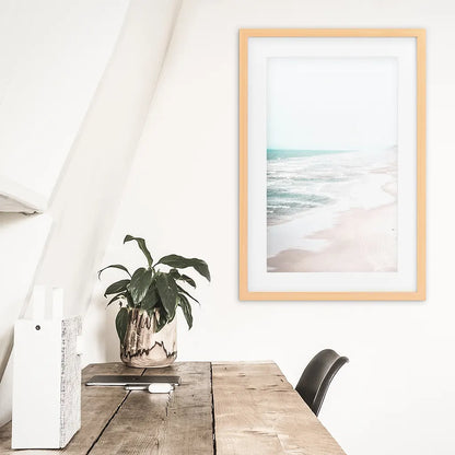 Coastal Beach Wall Art Print. Ocean Waves. Wood Frame with Mat