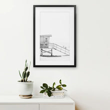 Load image into Gallery viewer, Black White LIfeguard Tower Poster. Coastal Summer Theme. Black Frame with Mat
