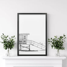 Load image into Gallery viewer, Black White LIfeguard Tower Poster. Coastal Summer Theme. Black Frame
