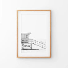 Load image into Gallery viewer, Black White LIfeguard Tower Poster. Coastal Summer Theme. Thin Wood Frame with Mat
