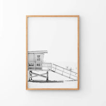 Load image into Gallery viewer, Black White LIfeguard Tower Poster. Coastal Summer Theme. Thin Wood Frame
