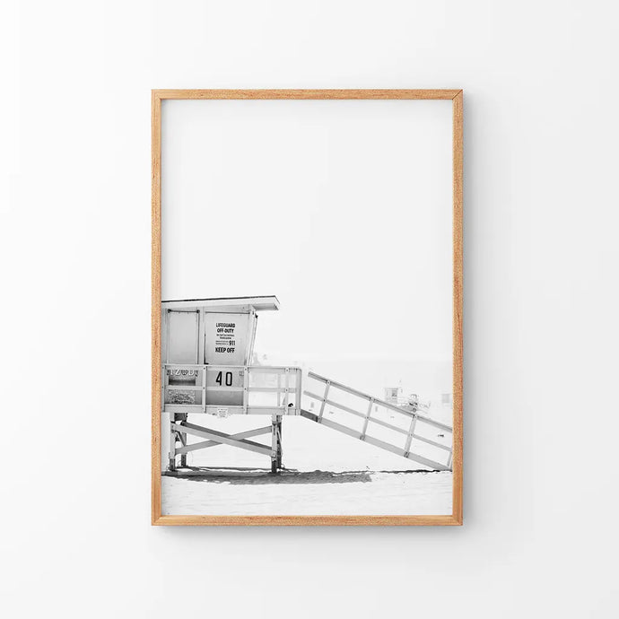 Black White LIfeguard Tower Poster. Coastal Summer Theme. Thin Wood Frame