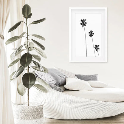 Tropical Black Palm Trees Wall Decor. White Frame with Mat