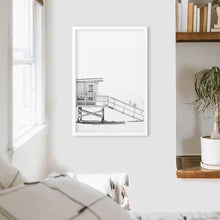 Load image into Gallery viewer, Black White LIfeguard Tower Poster. Coastal Summer Theme. White Frame
