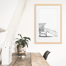 Load image into Gallery viewer, Black White LIfeguard Tower Poster. Coastal Summer Theme. Wood Frame with Mat
