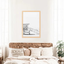 Load image into Gallery viewer, Black White LIfeguard Tower Poster. Coastal Summer Theme. Wood Frame
