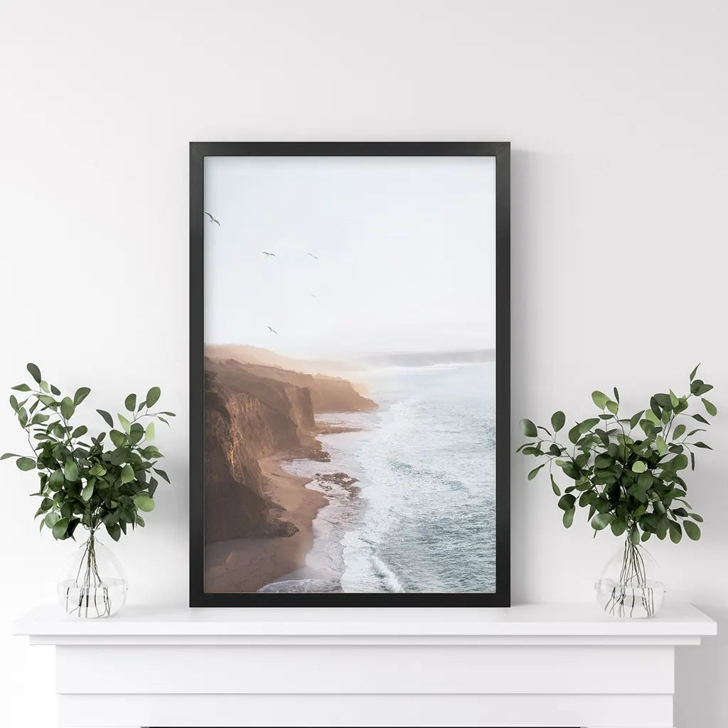 Coastal Cliff and Ocean Rocks Poster. Black Frame