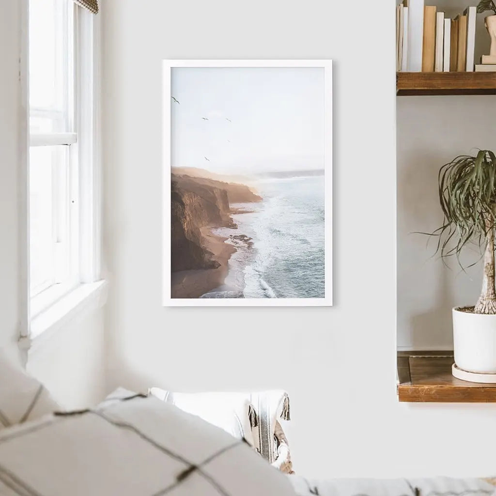 Coastal Cliff and Ocean Rocks Poster. White Frame