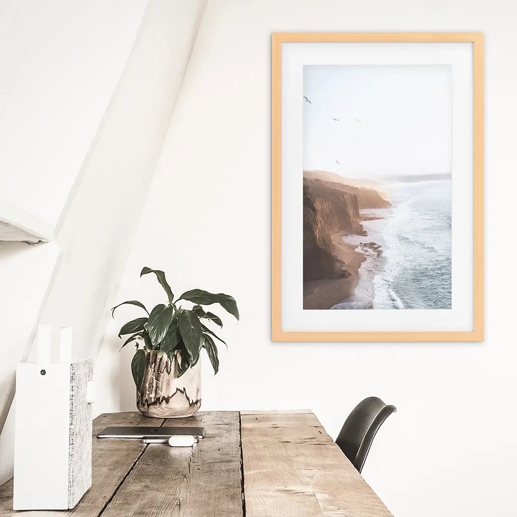 Coastal Cliff and Ocean Rocks Poster. Wood Frame with Mat