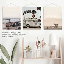 Load image into Gallery viewer, Beige Surfing Wall Art Set. Surfer, Ocean, Bus, Lifeguard
