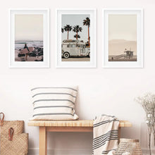 Load image into Gallery viewer, Beige Surfing Wall Art Set. Surfer, Ocean, Bus, Lifeguard
