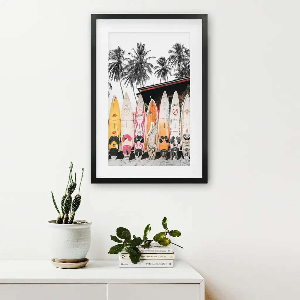 Tropical Beach Life Theme. Color Surfboards Print. Black Frame with Mat