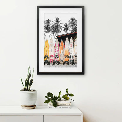 Tropical Beach Life Theme. Color Surfboards Print. Black Frame with Mat