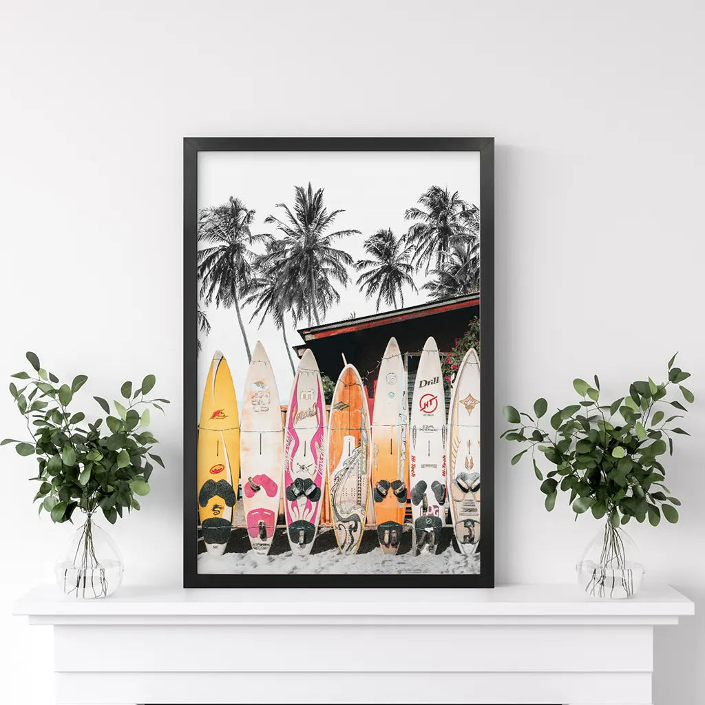Tropical Beach Life Theme. Color Surfboards Print. Black Frame