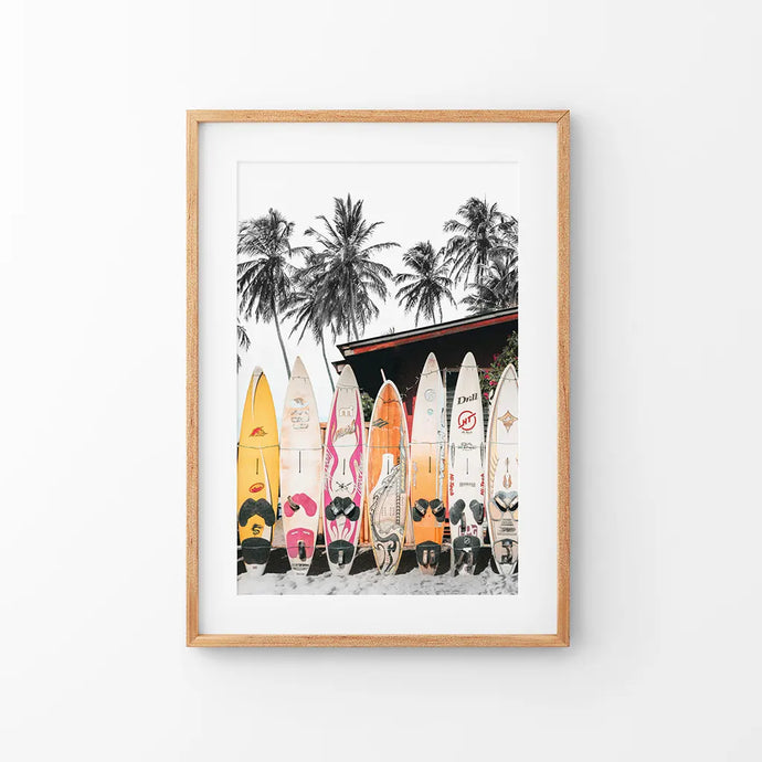 Tropical Beach Life Theme. Color Surfboards Print. Thin Wood Frame with Mat