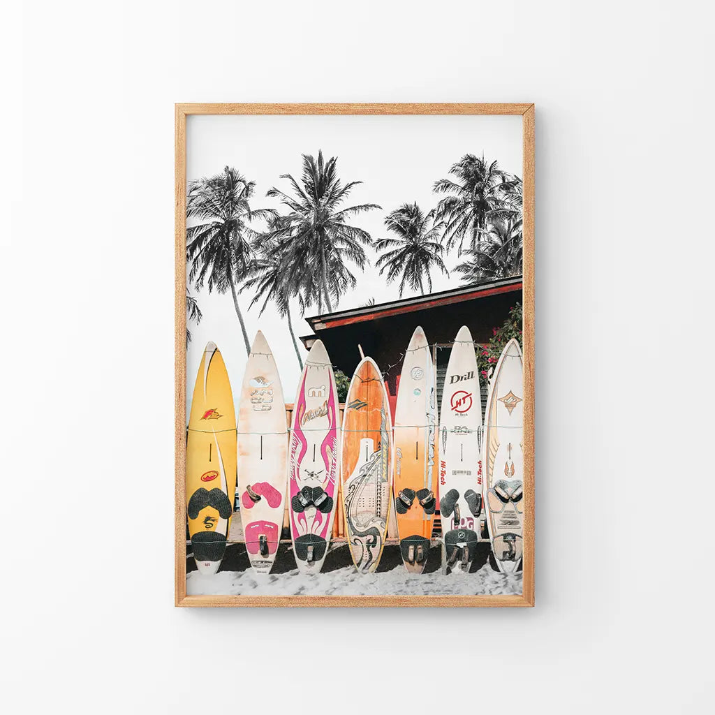Tropical Beach Life Theme. Color Surfboards Print. Thin Wood Frame