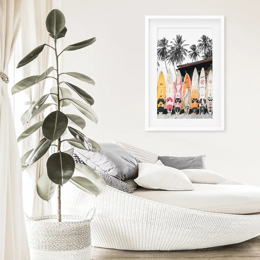 Tropical Beach Life Theme. Color Surfboards Print. White Frame with Mat