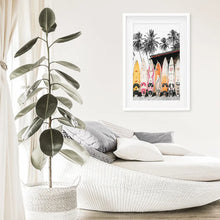 Load image into Gallery viewer, Tropical Beach Life Theme. Color Surfboards Print. White Frame with Mat

