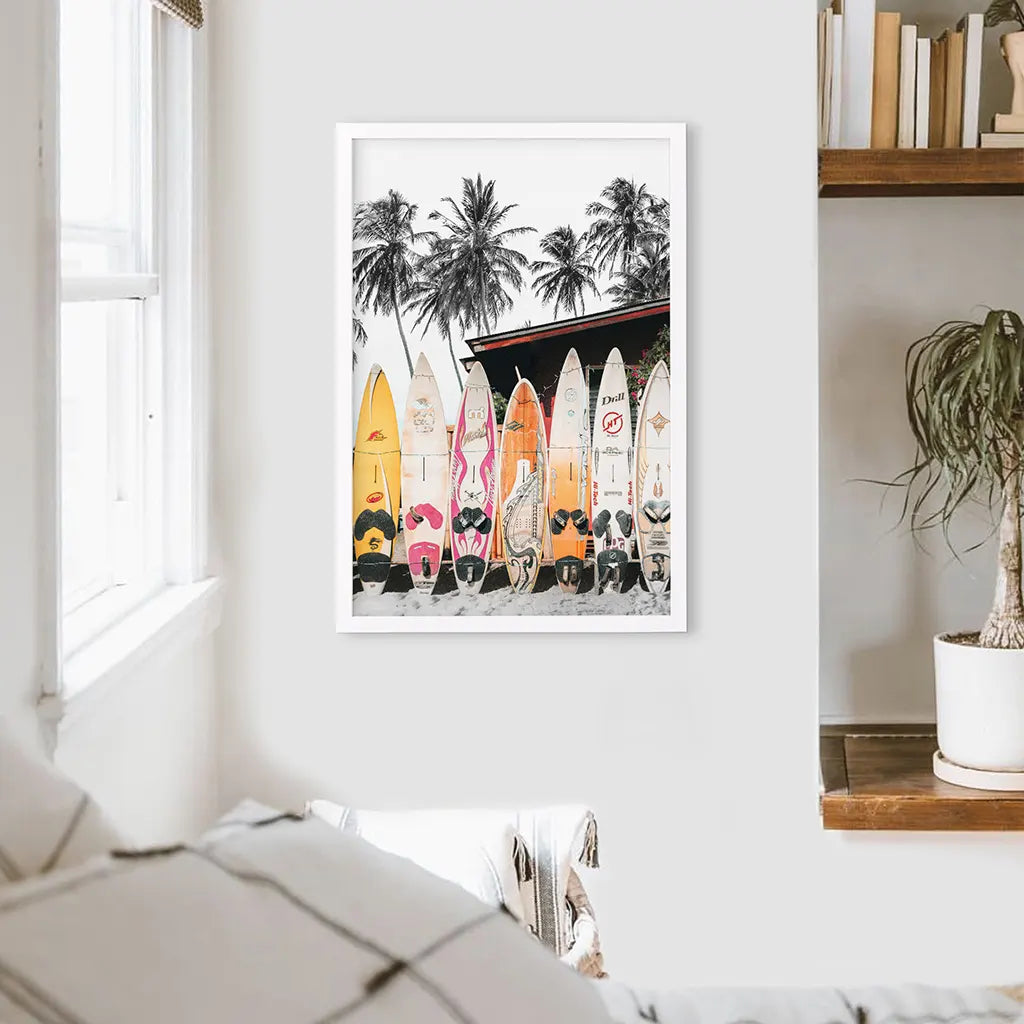 Tropical Beach Life Theme. Color Surfboards Print. White Frame