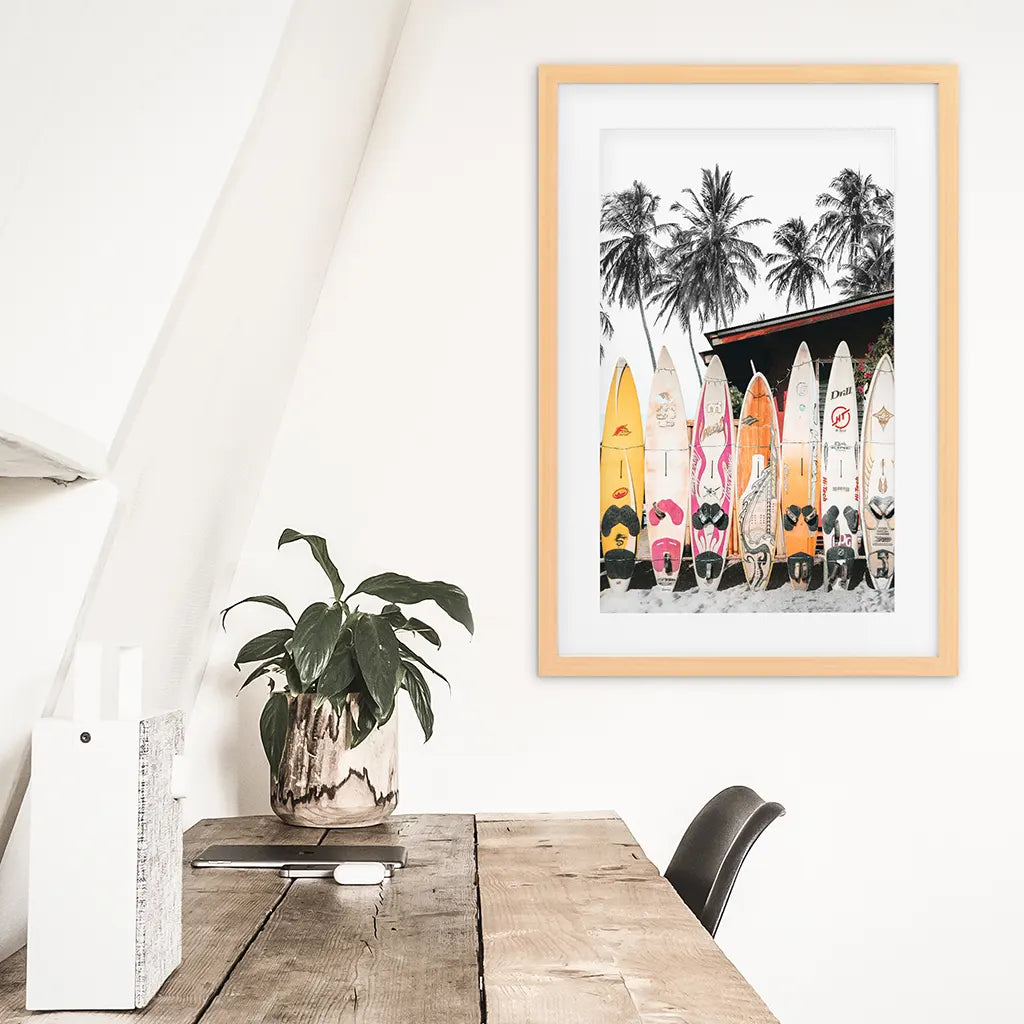 Tropical Beach Life Theme. Color Surfboards Print. Wood Frame with Mat