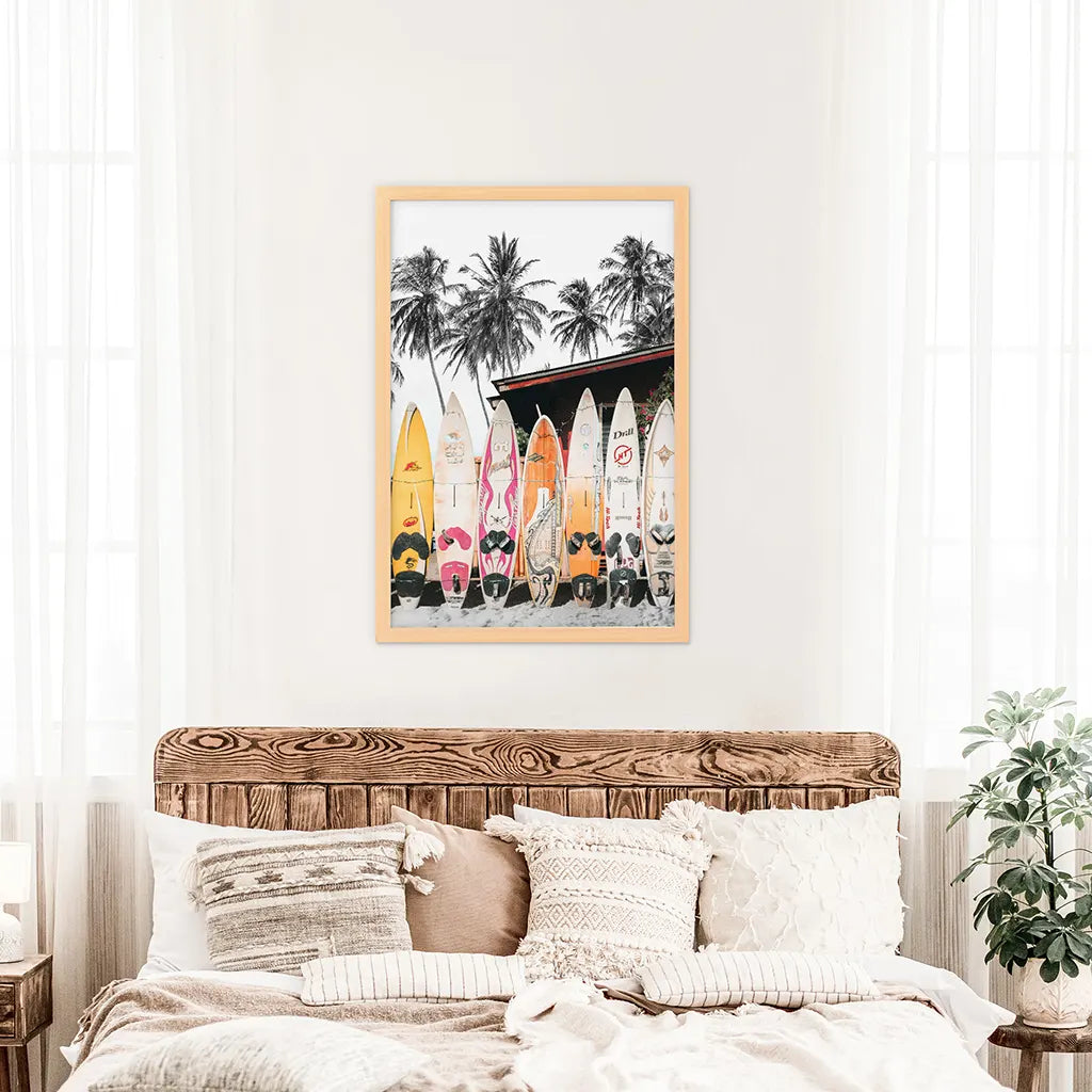 Tropical Beach Life Theme. Color Surfboards Print. Wood Frame