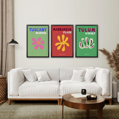 Bright Retro Set of 3 Prints. Preppy Room Decor Aesthetic. Black Frame. Living Room