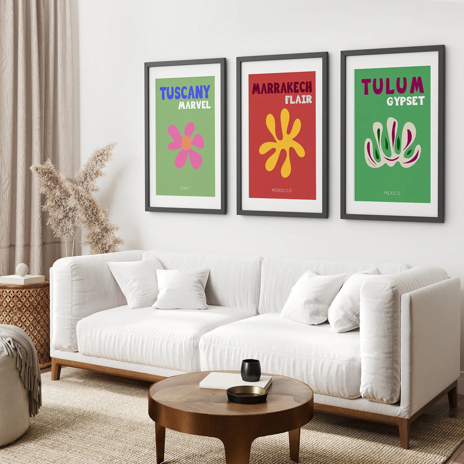 Bright Retro Set of 3 Prints. Preppy Room Decor Aesthetic. Black Frame with Mat. Living Room