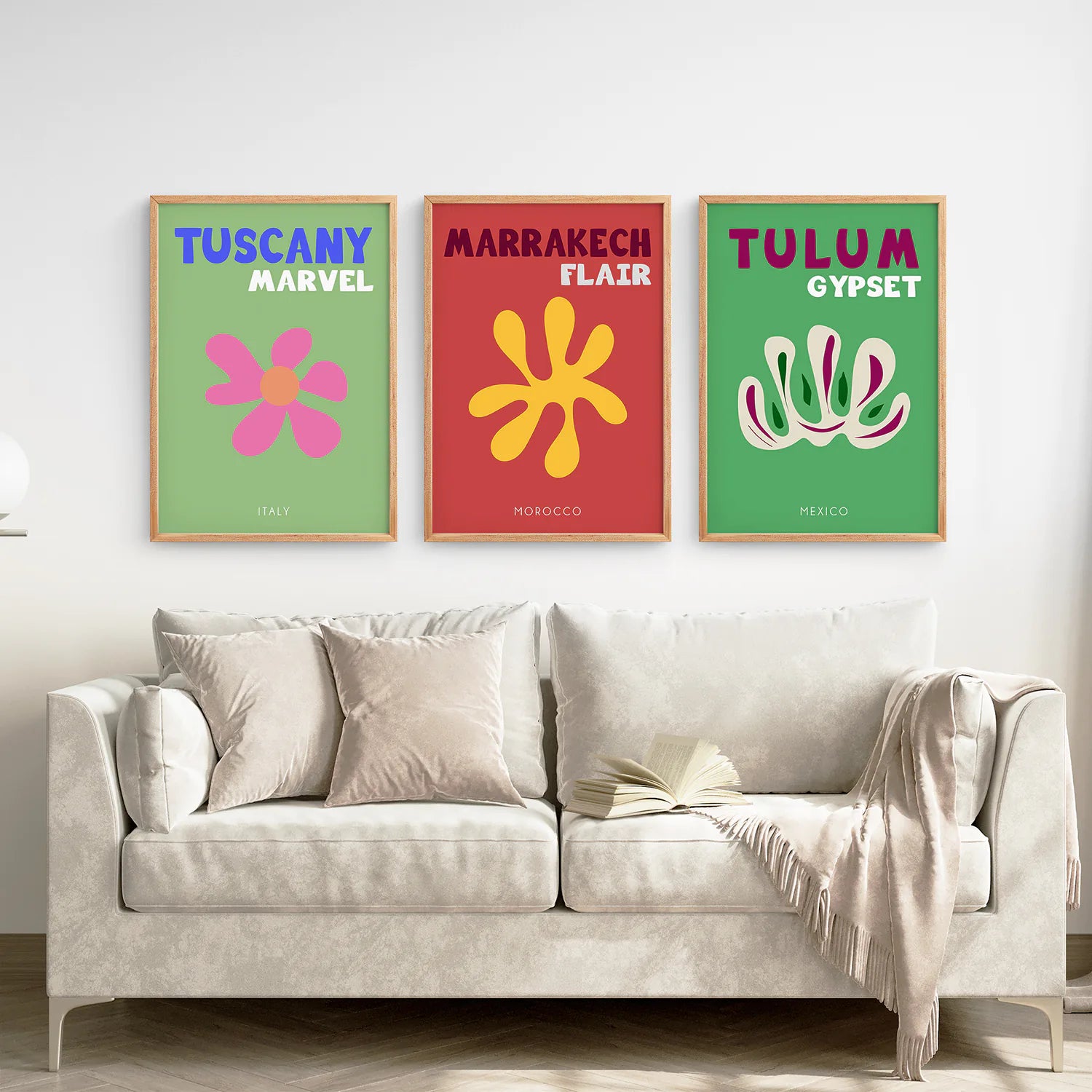 Bright Retro Set of 3 Prints. Preppy Room Decor Aesthetic. Thinwood Frame. Living Room