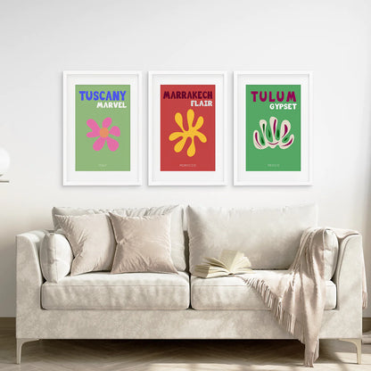 Bright Retro Set of 3 Prints. Preppy Room Decor Aesthetic. White Frame with Mat. Living Room