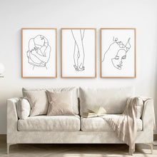 Load image into Gallery viewer, 3 Piece Minimalistic Line Art Set. Couple, Holding Hands. Thinwood Frame. Living Room
