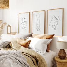 Load image into Gallery viewer, 3 Piece Minimalistic Line Art Set. Couple, Holding Hands. Thinwood Frame with Mat. Bedroom
