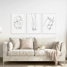 Load image into Gallery viewer, 3 Piece Minimalistic Line Art Set. Couple, Holding Hands. White Frame. Living Room
