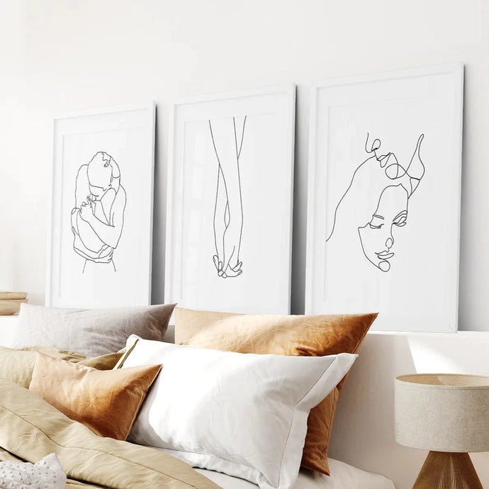 3 Piece Minimalistic Line Art Set. Couple, Holding Hands. White Frame with Mat. Bedroom