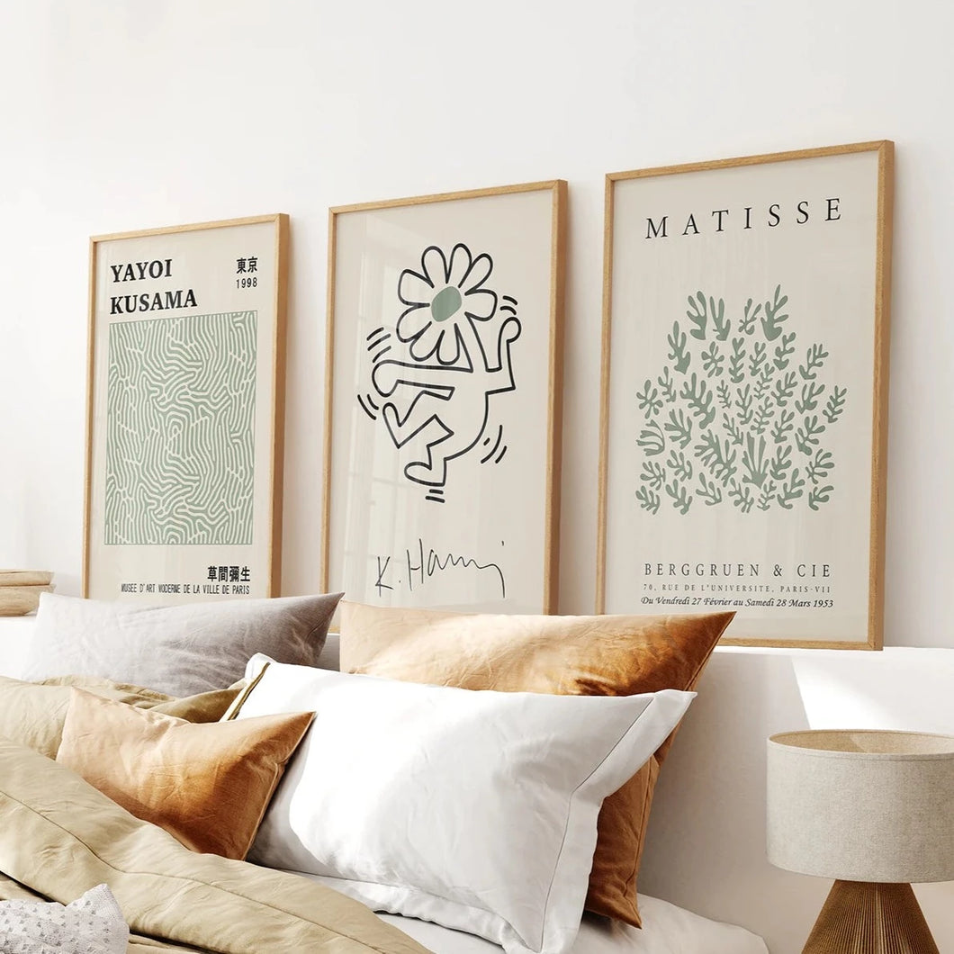 Yayoi Kusama & Matisse Cutouts. Green Sage Wall Art Set