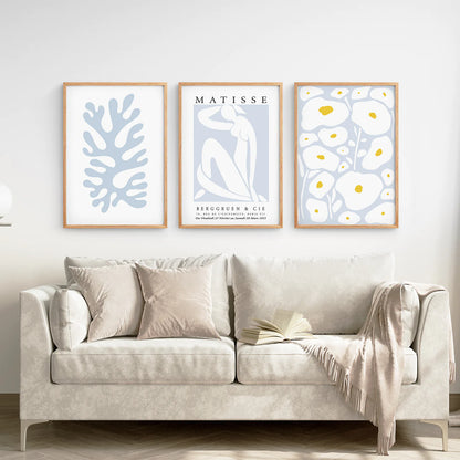 Danish Henri Matisse Inspired Set of 3 Prints. Pastel Tones. Thinwood Frame. Living Room