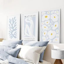 Load image into Gallery viewer, Danish Henri Matisse Inspired Set of 3 Prints. Pastel Tones. White Frame. Bedroom
