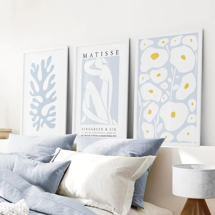 Danish Henri Matisse Inspired Set of 3 Prints. Pastel Tones. White Frame. Bedroom