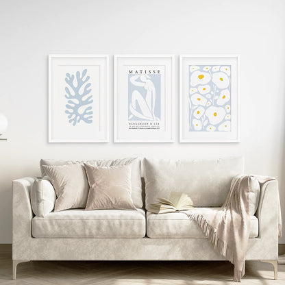 Danish Henri Matisse Inspired Set of 3 Prints. Pastel Tones. White Frame with Mat. Living Room