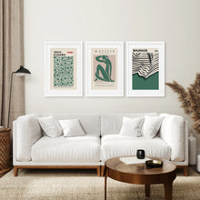 Load image into Gallery viewer, Set of 3 Abstract Figure Art Prints Sage Green. White Frame with Mat. Living Room

