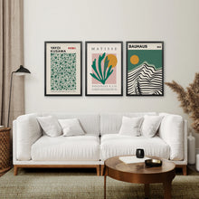 Load image into Gallery viewer, Sage Green Set of 3 Prints. Bauhaus, Kusama, Matisse Style. Black Frame. Living Room
