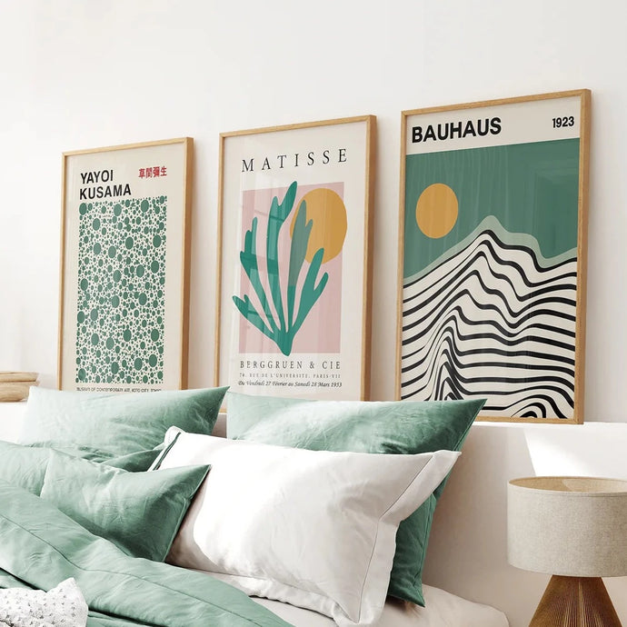 Sage Green Set of 3 Prints. Bauhaus, Kusama, Matisse Style. Thinwood Frame. Bedroom