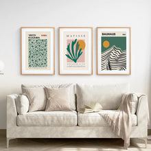 Load image into Gallery viewer, Sage Green Set of 3 Prints. Bauhaus, Kusama, Matisse Style. Thinwood Frame with Mat. Living Room

