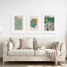 Load image into Gallery viewer, Sage Green Set of 3 Prints. Bauhaus, Kusama, Matisse Style. White Frame with Mat. Living Room
