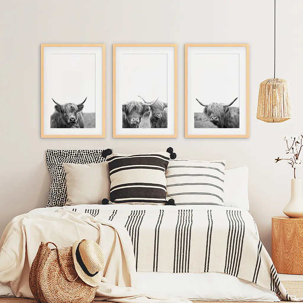 Scottish Cow Black White Wall Art Set of 3. Wood Frames with Mat