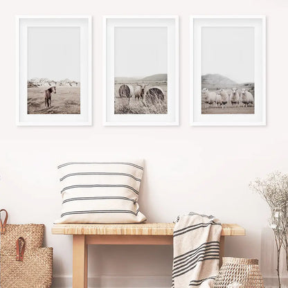 Autumn Country Poster Set of 3. Horses, Sheep, Bull near the Haystacks on the Field. White Frames with Mat