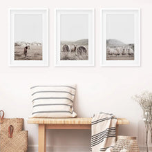 Load image into Gallery viewer, Autumn Country Poster Set of 3. Horses, Sheep, Bull near the Haystacks on the Field. White Frames with Mat
