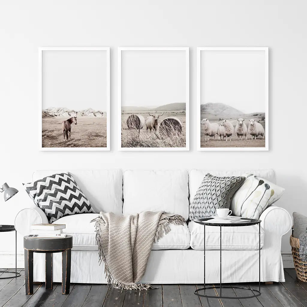 Autumn Country Poster Set of 3. Horses, Sheep, Bull near the Haystacks on the Field. White Frames