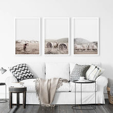 Load image into Gallery viewer, Autumn Country Poster Set of 3. Horses, Sheep, Bull near the Haystacks on the Field. White Frames
